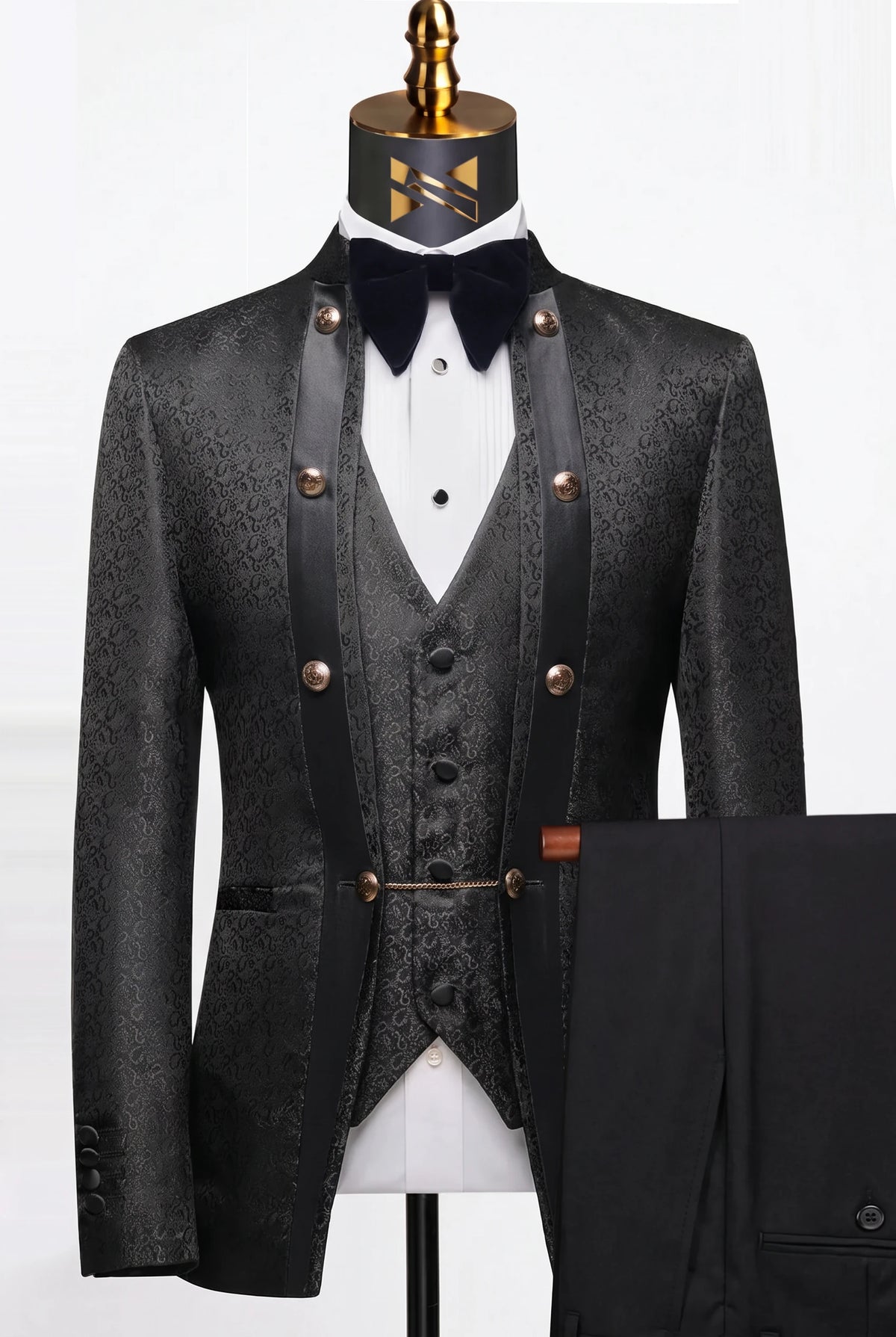 Carbon Majesty - Black Paisley Mandarin 3-Piece Tuxedo