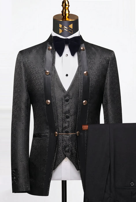Carbon Majesty - Black Paisley Mandarin 3-Piece Tuxedo