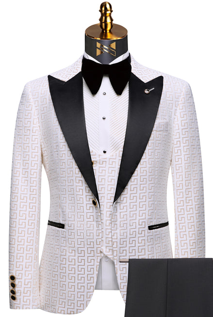 Carrara Pantheon - Ivory & Gold Greek-Key Jacquard 3-Piece Tuxedo