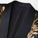 Close up of black satin shawl lapel and gold sequin leaf embroidery on tuxedo jacket |