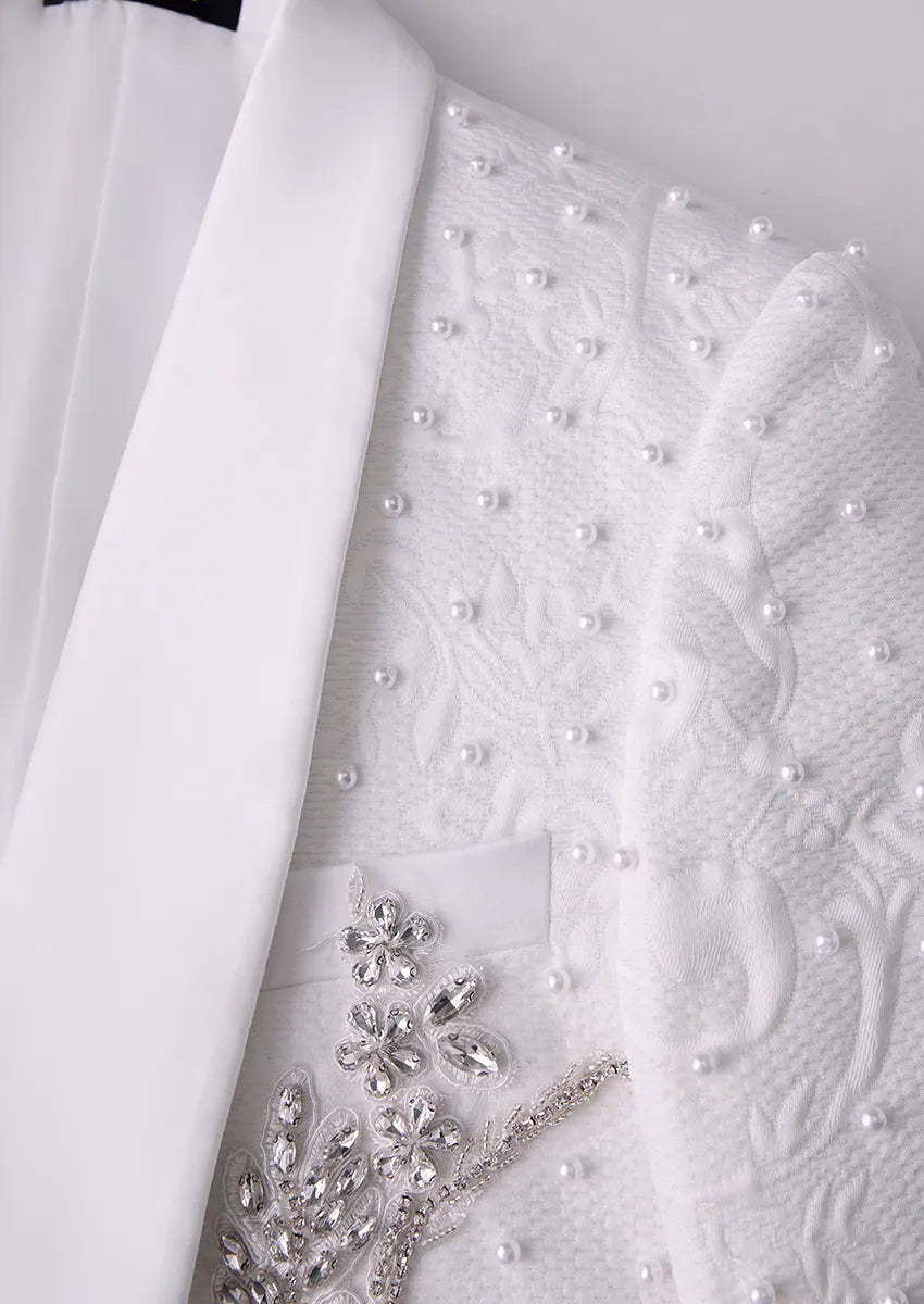 Close up of white satin shawl collar with scattered pearls and silver crystal detailing - Pearl Symphony - Nevo Suit™