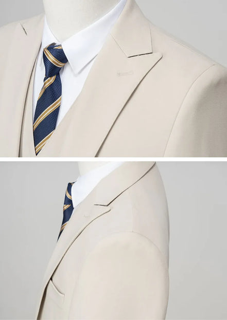 Men’s Beige Suit 3-Piece Set with Barge Collar