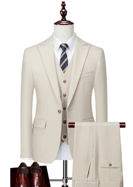 Men’s Beige Suit 3-Piece Set with Barge Collar