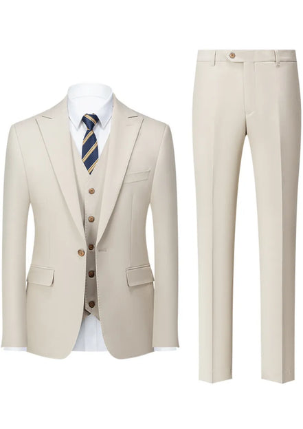 Men’s Beige Suit 3-Piece Set with Barge Collar