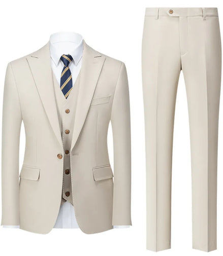 Men’s Beige Suit 3-Piece Set with Barge Collar
