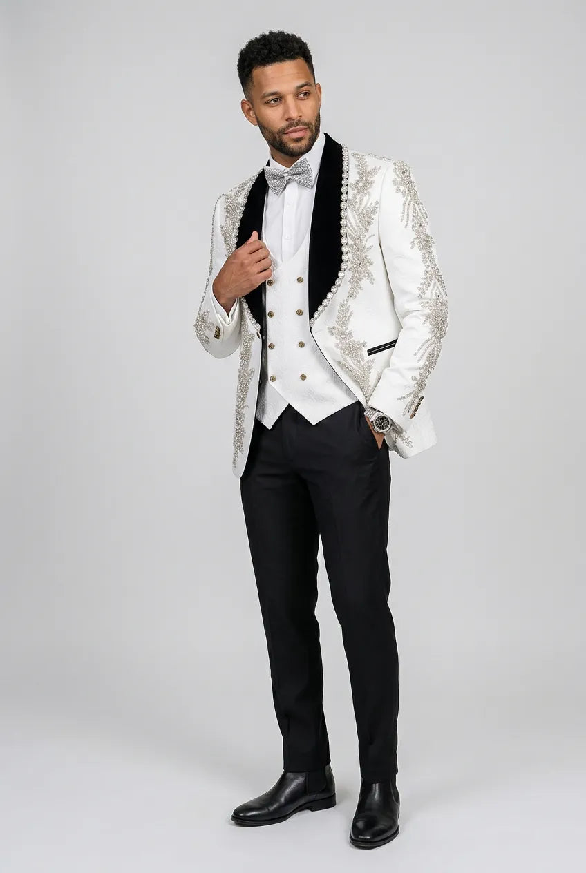 Diamond Empyrean - White Jacquard & Heavy Crystal 3-Piece Tuxedo