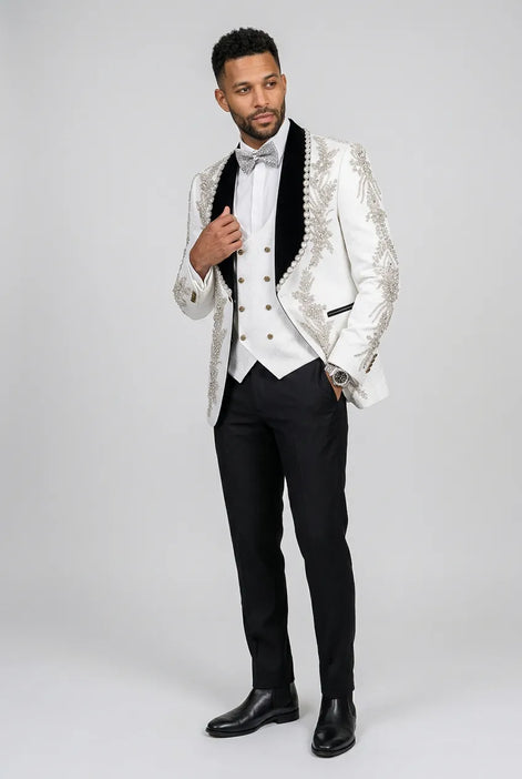 Diamond Empyrean - White Jacquard & Heavy Crystal 3-Piece Tuxedo