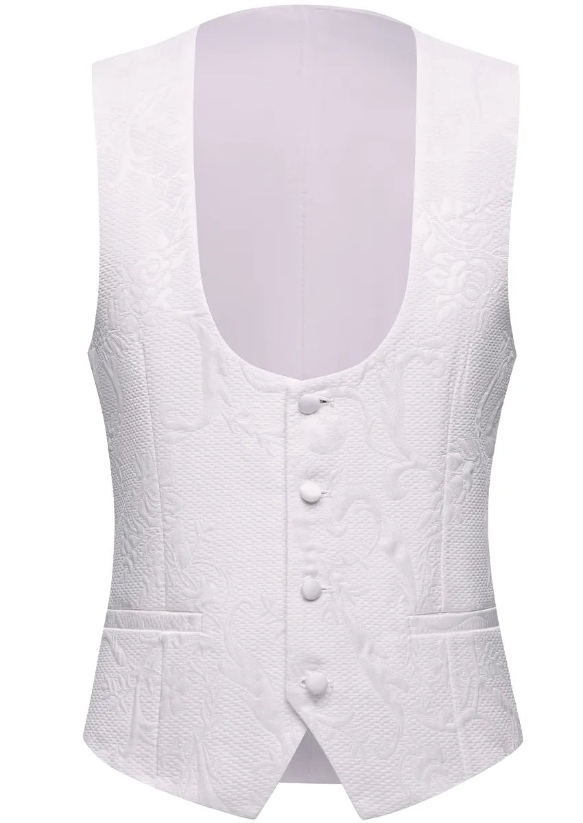 Matching white 3D jacquard single-breasted vest with U-cut neckline - Pearl Symphony - Nevo Suit™