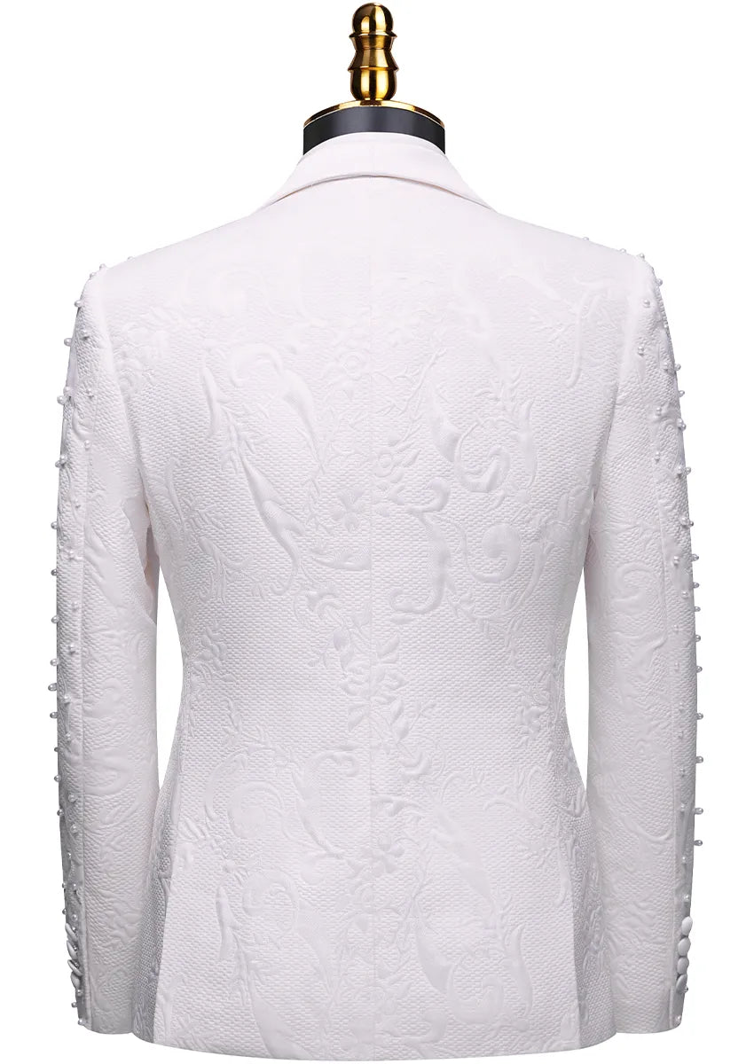 White tuxedo jacket back view showing pearl details and jacquard texture - Pearl Symphony - Nevo Suit™