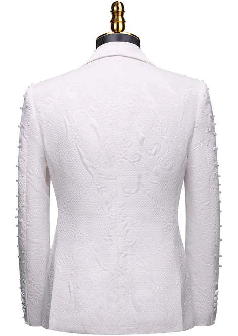White tuxedo jacket back view showing pearl details and jacquard texture