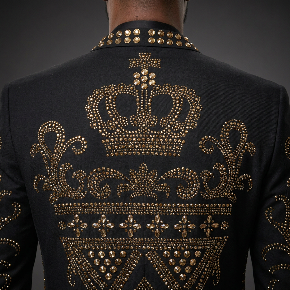 Diadem Pharaoh black dinner jacket with gold crown and scrolling crystal detailing - product view 18