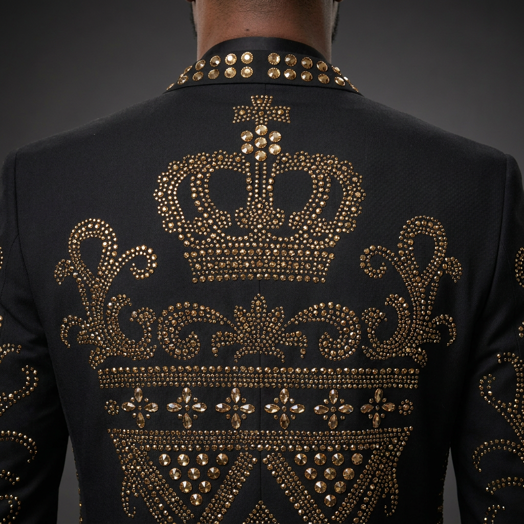 Diadem Pharaoh black dinner jacket with gold crown and scrolling crystal detailing - product view 18