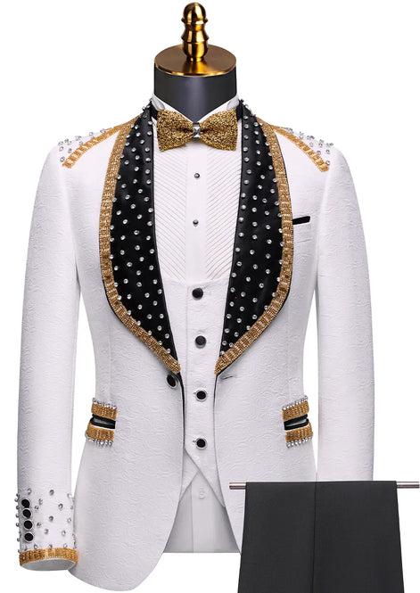 White rose jacquard tuxedo 3-piece set with gold beaded trim front view - The Majestic Prince