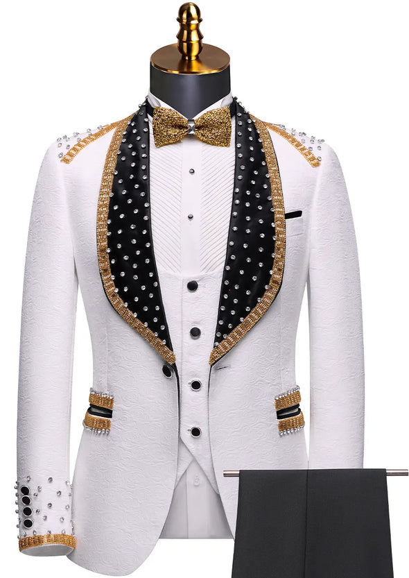 White rose jacquard tuxedo 3-piece set with gold beaded trim front view - The Majestic Prince