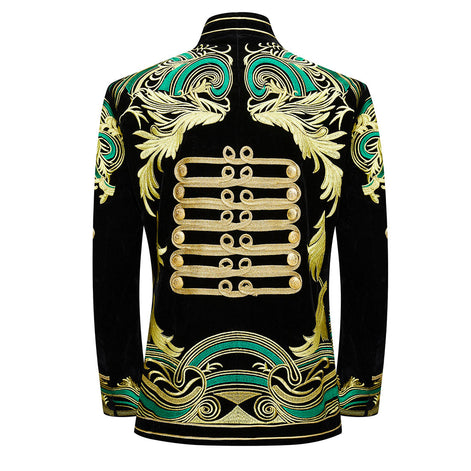 Back view of black velvet military jacket showing green and gold embroidery detail
