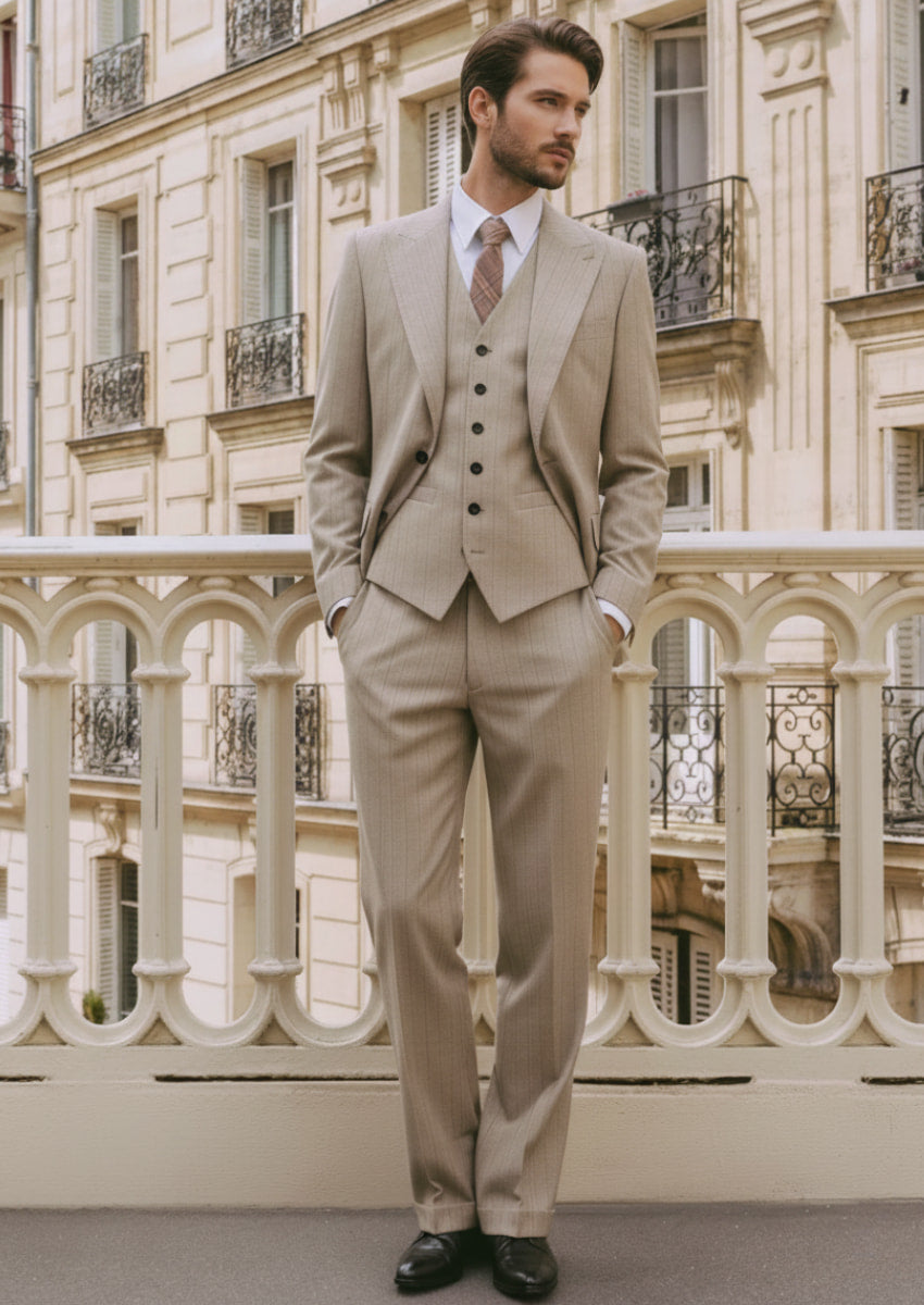 The Saharan Pinstripe - Khaki Herringbone 3-Piece Suit Set