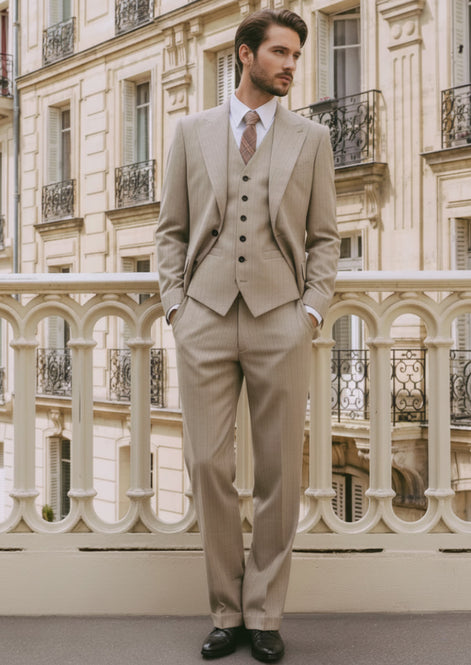 The Saharan Pinstripe - Khaki Herringbone 3-Piece Suit Set