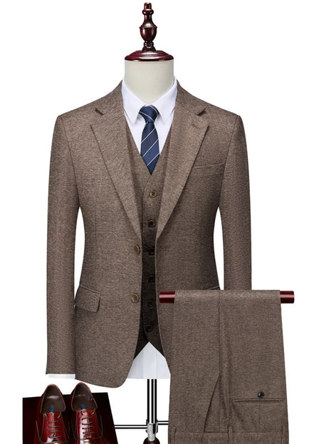 Men’s Brown Wool-Blend 3-Piece Suit with Flat Barge Collar