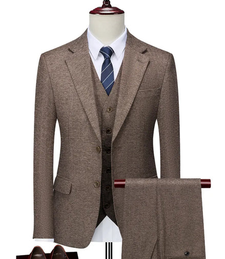 Men’s Brown Wool-Blend 3-Piece Suit with Flat Barge Collar