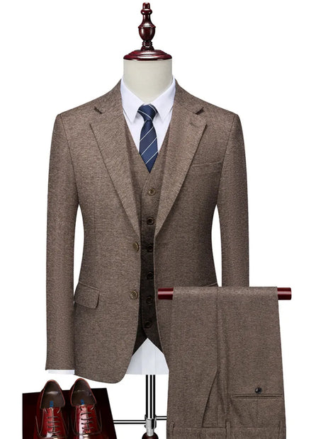 Men’s Brown Wool-Blend 3-Piece Suit with Flat Barge Collar
