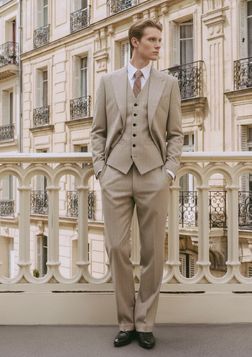 The Saharan Pinstripe - Khaki Herringbone 3-Piece Suit Set