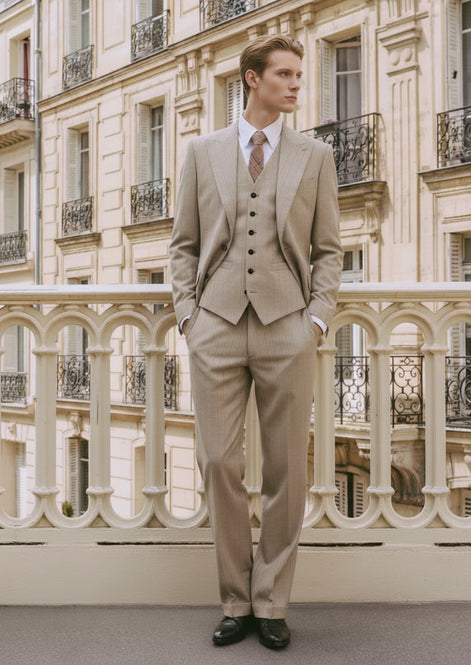 The Saharan Pinstripe - Khaki Herringbone 3-Piece Suit Set