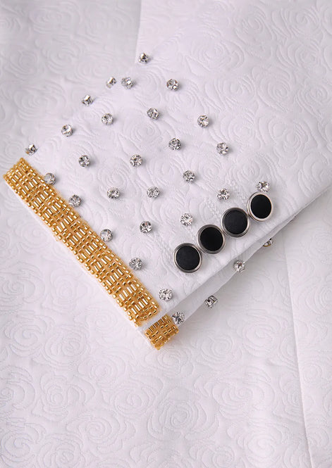 The Majestic Prince - White Rose Jacquard & Gold Beaded Contrast Tuxedo Set