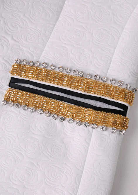 The Majestic Prince - White Rose Jacquard & Gold Beaded Contrast Tuxedo Set