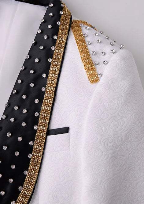 The Majestic Prince - White Rose Jacquard & Gold Beaded Contrast Tuxedo Set