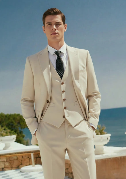 Men’s Beige Suit 3-Piece Set with Barge Collar