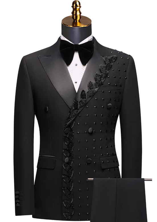 Phantom Vanguard black asymmetric vine beaded tuxedo jacket front view peak lapel detail - Nevo Suits