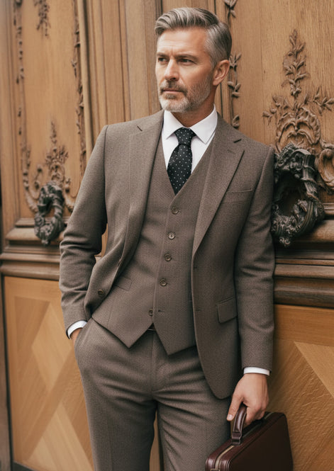 Sandstone Tweed - Coffee Brown Textured 3-Piece Suit - Nevo Suits
