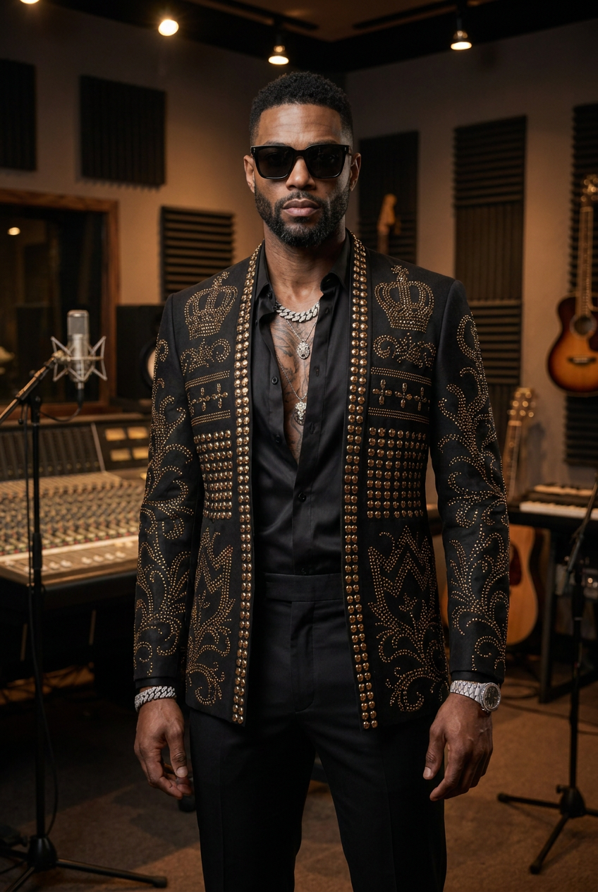 Diadem Pharaoh black dinner jacket with gold crown and scrolling crystal detailing - product view 16
