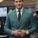 Men’s Green Double-Breasted 2-Piece Suit with Barge Collar