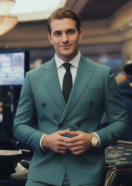 Men’s Green Double-Breasted 2-Piece Suit with Barge Collar