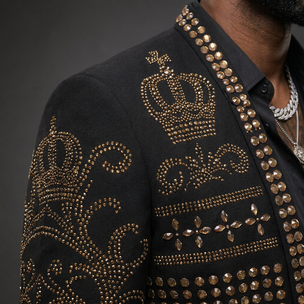 Diadem Pharaoh black dinner jacket with gold crown and scrolling crystal detailing - product view 06