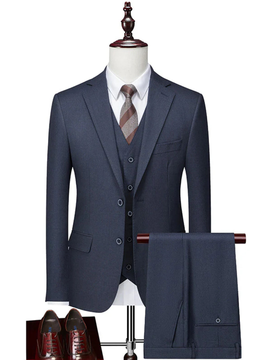 Men’s  3-Piece Navy Suit with Flat Barge Collar