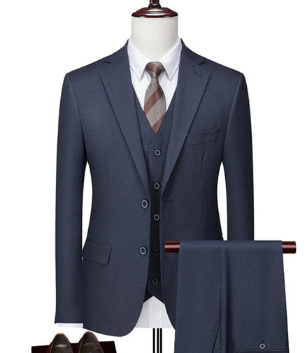 Men’s  3-Piece Navy Suit with Flat Barge Collar