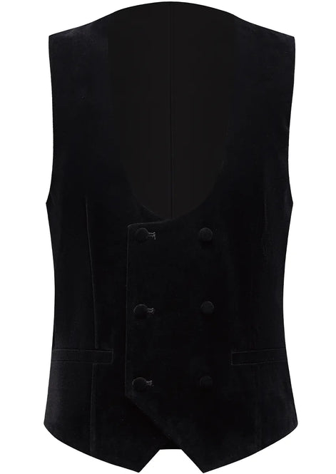 Matching black velvet double-breasted vest with U-cut neckline