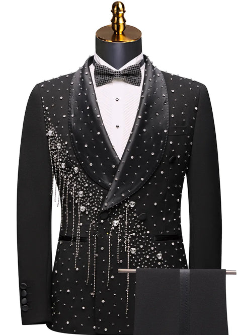 Black crystal fringe tuxedo jacket and trousers 2-piece set front view - The Midnight Cascade