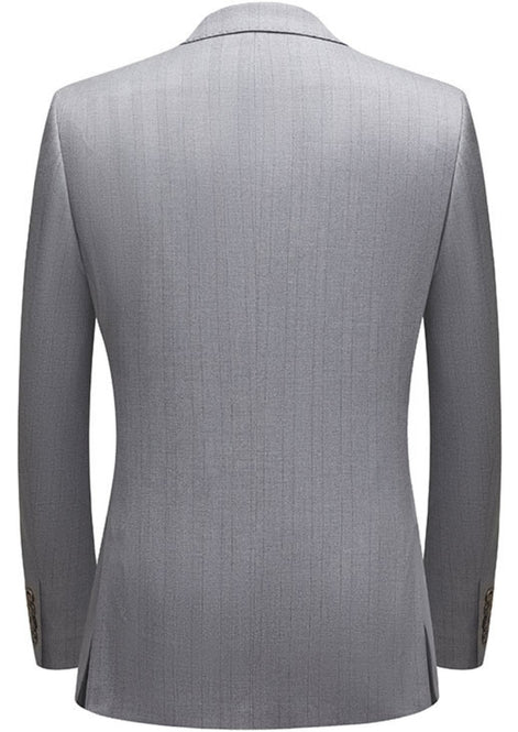 Back view of light grey textured slim fit suit jacket showing sharp tailoring |