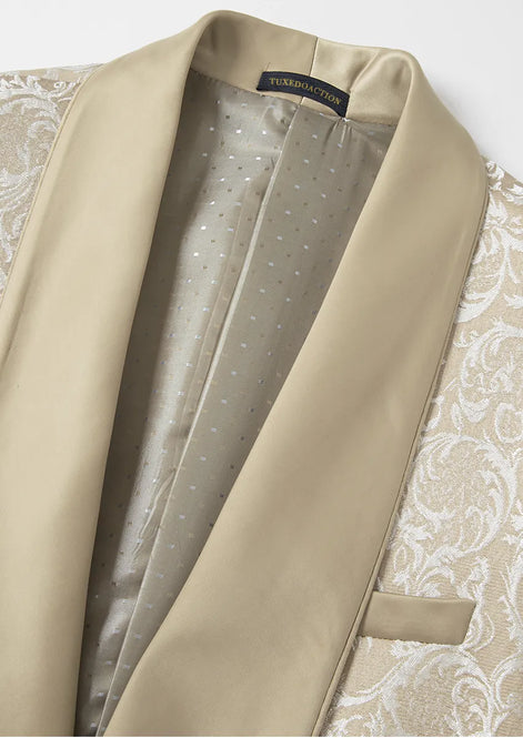 Side view of champagne gold shimmering jacquard 3-piece tuxedo with satin shawl collar - Nevo Suits