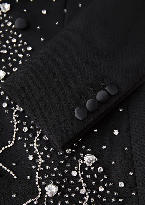 Close up of asymmetric crystal tassel fringe and stardust satin lapel detail ｜Nevo Suits