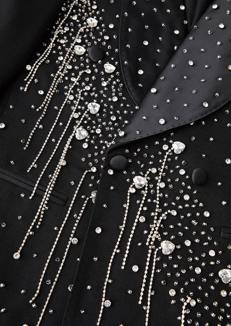 Close up of asymmetric crystal tassel fringe and stardust satin lapel detail - Nevo Suits
