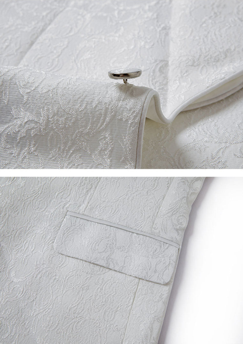 Men’s White Jacquard 3-Piece Wedding Groom Tuxedo