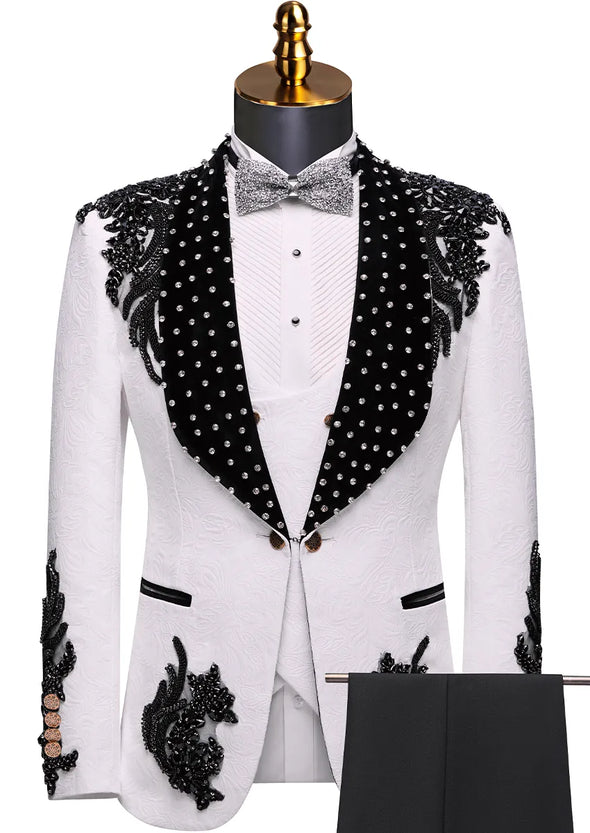 White jacquard tuxedo 3-piece set with black velvet lapel and wing details front view