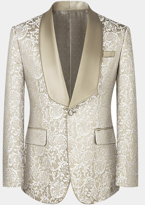 Jetted pockets detail on champagne gold shimmering jacquard tuxedo - Nevo Suits