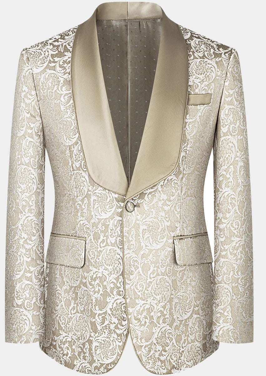 Men’s Tan Jacquard 3-Piece Wedding Groom Tuxedo