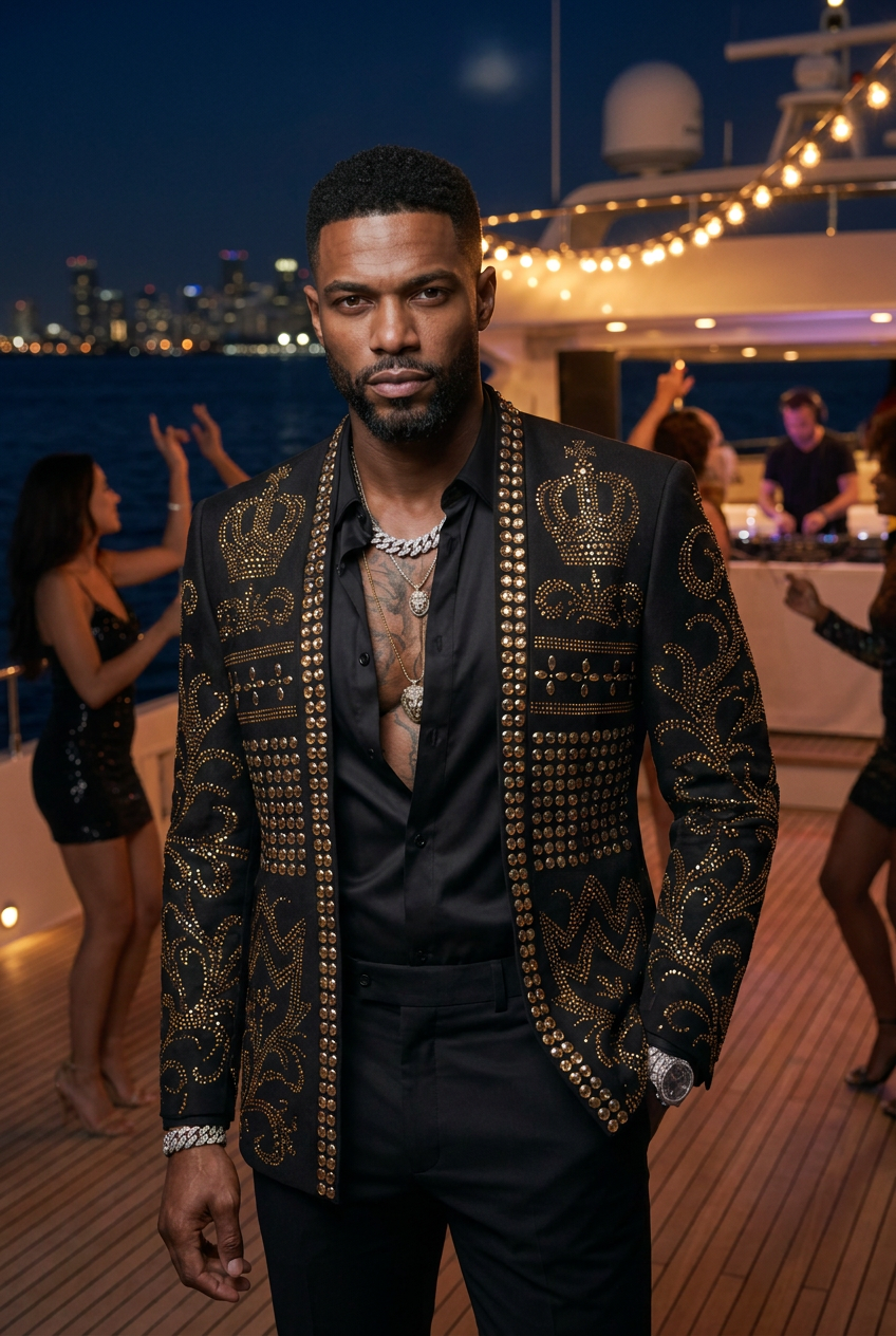 Diadem Pharaoh black dinner jacket with gold crown and scrolling crystal detailing - product view 15