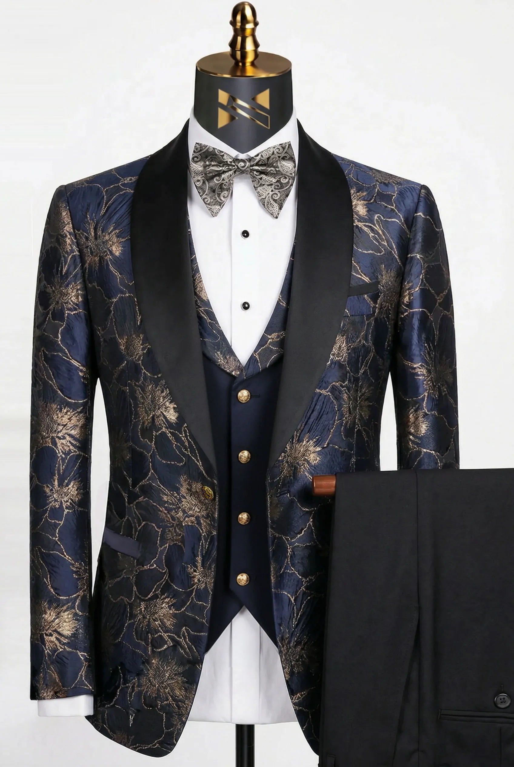 Sapphire Symphony - Navy & Gold Jacquard 3-Piece Tuxedo